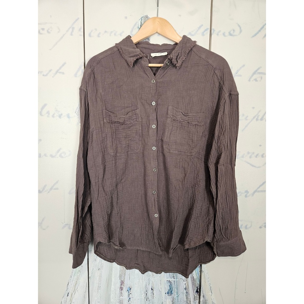 New In Button Down Shirt Medium Brown Gauze Raw Hem Frayed Trim Long Sleeve